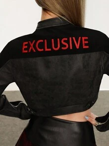 Rina Fox 2025 جاكيت نسائية موضة الرقعة المطرزة، طراز الشارع الجامعي - الأسود - مشاهدة 7