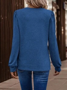 EMERY ROSE 休闲纯色泡泡袖T恤，秋季百搭单品 - 藍色 - 查看 2