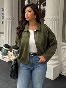 Easura Plus Size Casual Loose Solid Color Green Jacket, Spring/Autumn Fall Winter Cloth For Women
