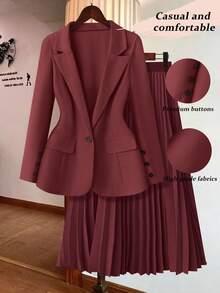 GlowEve CURVE 2pcs/Set Plus Size Solid Color Button Front Long Sleeve Shirt And Skirt Outfit Fall Cloth For Women - Burgundy - View 1