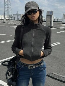 DAZY Outdoor Fitted Jacket With Raglan Sleeves, Autumn - Dark Grey - View 1