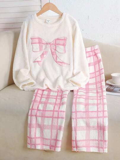 SHEIN 2 件套少女粉色宽松简约格子蝴蝶结装饰圆领落肩和裤子舒适宽松睡衣套装，阻燃，适合秋冬，睡衣套装，适合少女