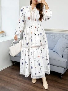 SHEIN LUNE 加大码优雅花卉印花长裙，适合通勤 - 白色 - 查看 6