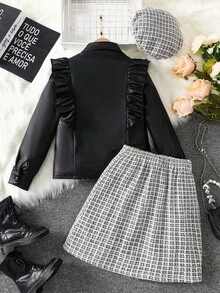 SHEIN 3 件套青少年女孩时尚翻领荷叶边长袖夹克、针织提花裙和配套帽子，适合春秋季的时尚街头装 - 黑色 - 查看 2