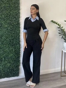 Andrea Bello 女式拼贴风格 Polo 领拼接短袖 T 恤，修身套头衫，春夏 - 黑色 - 查看 3