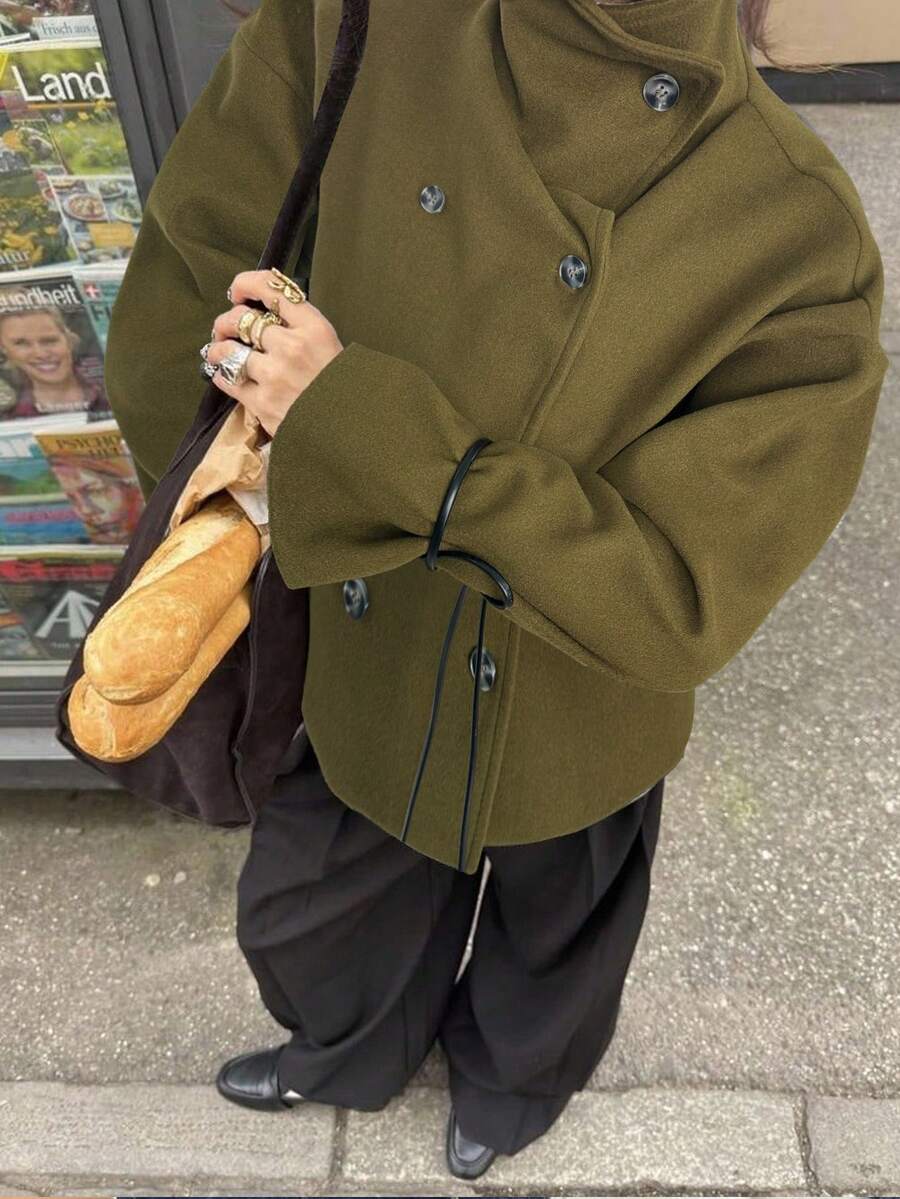 Siren Gaze 女式纯色双排扣长袖休闲大衣，秋冬 - 軍綠色 - 查看 1