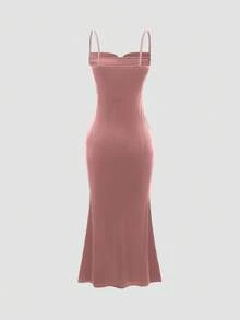 Sweetra 1 chiếc váy dài nhung đuôi cá xếp nếp màu trơn thanh lịch cho nữ dùng cho tiệc tùng ngày lễ - Rượu sâm banh - Xem 2