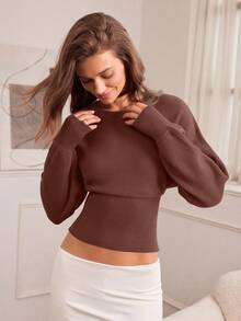 Hanevo 休闲圆领抽绳腰修身纯色针织毛衣，百搭秋冬 - 棕色 - 查看 4