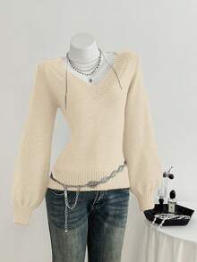 Elamini Áo len trơn cổ chữ V tay raglan thường ngày cho nữ - Màu Khaki - Xem 4