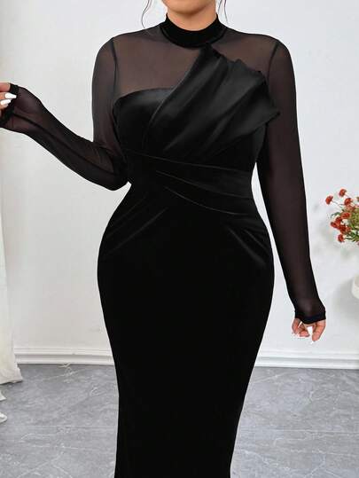 Elenzga Christmas Plus Size Women's Velvet Patchwork Bodycon Dress, High Elasticity, 3D Sculpting, Sexy & Elegant, Suitable For Party, Afternoon Tea, Commute, Fashion Outings, Black