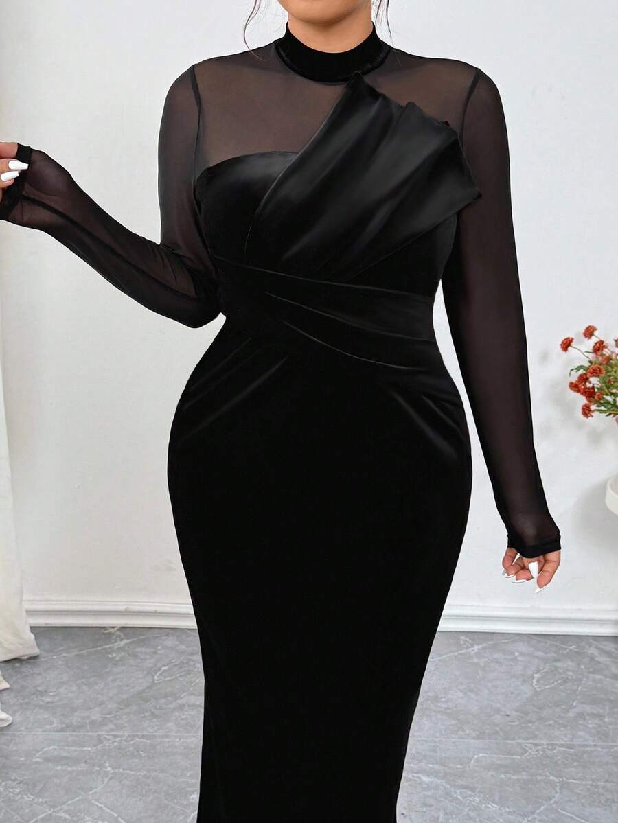 Elenzga 大码女式天鹅绒拼布紧身连衣裙，高弹性，3D塑形，性感优雅，适合派对、下午茶、通勤、时尚外出，黑色 - 黑色 - 查看 1