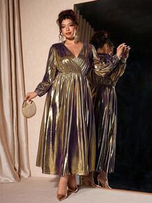 Cravure 加大码金属针织面料交叉V领灯笼袖收腰A字形派对连衣裙 - 金色 - 查看 6