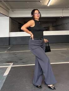 NegzBox Women's Casual Business Minimalistic Pocket Design Flared Woven Trousers - Dark Grey - View 4