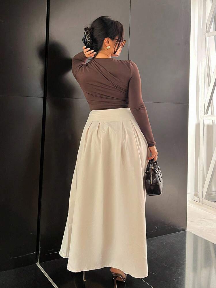 NegzBox Decorative Button Front Pleated A-Line Skirt, Apricot Color Fall Cloth For Women - Apricot - View 2