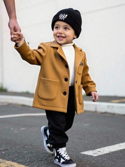 SHEIN 男女宝宝卡其色简约长袖外套，正式西装大衣，适合秋冬季男宝宝穿着