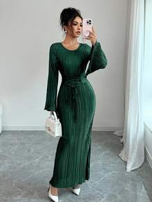 Elenzga Women's Solid Color V-Neck Flare Sleeve Waist Tie Design Pleated Fitted Elegant Elegant Dress Party Dark Green Autumn - Dark Green - View 5