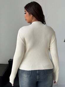 Dazy Plus Suéter de cuello alto elástico acanalado de unicolor, informal, para mujer de talla grande, otoño/invierno - Beis - Ver 2