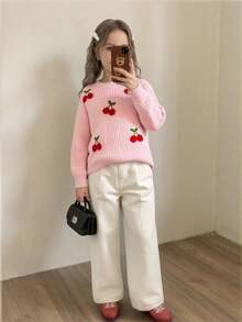 Sparklyn Young Girls Casual And Cute Pink Knitted Long-Sleeved Sweater With Cherry Embroidery Patterns Is Soft And Comfortable. It Is Suitable For Daily Life, Traveling, Vacation, Home, Nursery And Children's Play. It Is Suitable For Autumn And Winter, Christmas, School Opening And Parties. It Is Versatile For Autumn And Winter Clothing . Girls Clothes - Pink - View 9