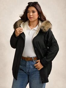 Zelara Plus Faux-Fur-Trim Hooded Coat For Winter Going Out - Black - View 7