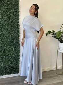 Andrea Bello 女士优雅纯色蝙蝠袖长裙 - 淺藍色 - 查看 4