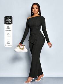 SOLERSUN Autumn And Winter Women's Clothing Casual Daily Commuting Brown Knitted Textured Fabric Long Sleeve Off-Shoulder Collar Gathered Side Slits Top Fit Sexy Flared Pants Suit Two Pieces Set