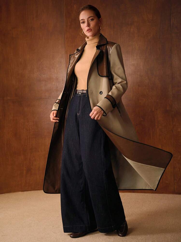 WOMEN'S AUTUMN/WINTER CONTRAST PU LEATHER CINCHED WAIST DOUBLE-BREASTED TRENCH COAT