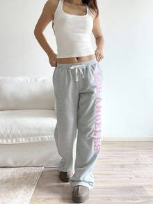 SHEIN Unity 女式灰色和粉色洛杉矶城市名刺绣低腰抽绳系带复古宽松运动裤，时尚休闲百搭通勤家居服运动服设计，秋冬 - 灰色 - 查看 5