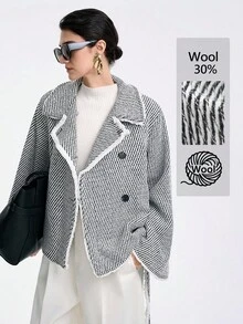 SHEIN LUNE 女士休闲不对称领蝴蝶结拼接束腰喇叭袖人字纹简约羊毛混纺夹克，适合外出 - 黑與白 - 查看 1