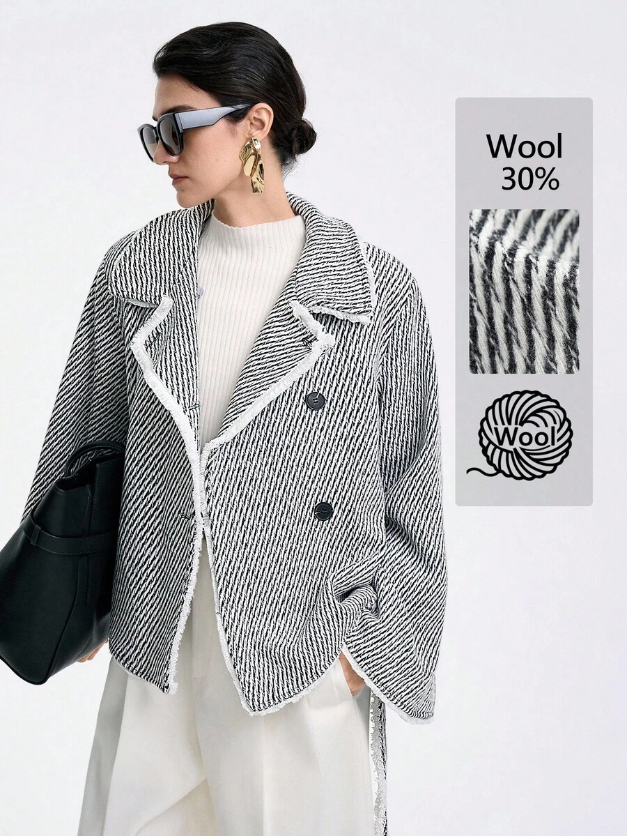 SHEIN LUNE 女士休闲不对称领蝴蝶结拼接束腰喇叭袖人字纹简约羊毛混纺夹克，适合外出 - 黑與白 - 查看 1