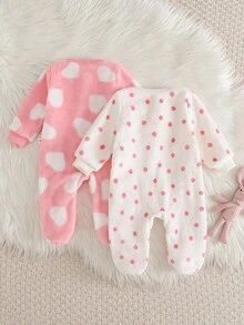 Cozy Pixies Bộ áo liền quần dài tay cổ tròn lót ấm họa tiết chấm bi hình trái tim cho bé gái sơ sinh, bộ đồ ngủ liền thân cho bé gái sơ sinh, quần áo cho bé sinh đôi sơ sinh. - Hồng - Xem 2