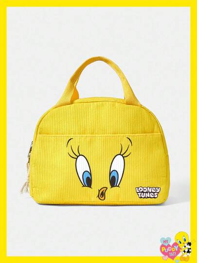 LOONEY TUNES X SHEIN Corduroy Material Lunch Box Bag, Enlarged Lunch Bag, Office Worker, Student Lunch Bag, Preppy, Color Block