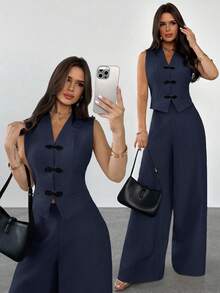 Firerie 女士优雅简约 V 领撞色纽扣装饰短背心和高腰阔腿裤 2 件套，适合日常通勤和休闲穿着，米色，毕业，女士教师服装，秋冬返校 - 藏蓝色 - 查看 2