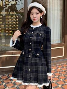 DAZY 女士优雅格子褶皱通勤连衣裙 - 藏蓝色 - 查看 6