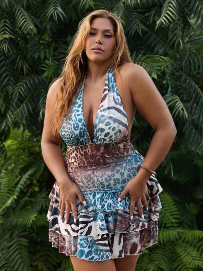 SHEIN SXY Vestido de panel de malla multicapa con escote halter, cintura fruncida y estampado de leopardo talla grande