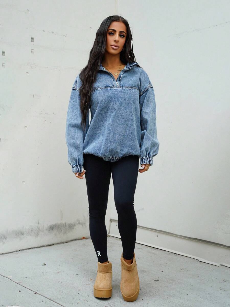 SAYEHFBABY 女士宽松休闲落肩半拉链牛仔夹克春秋