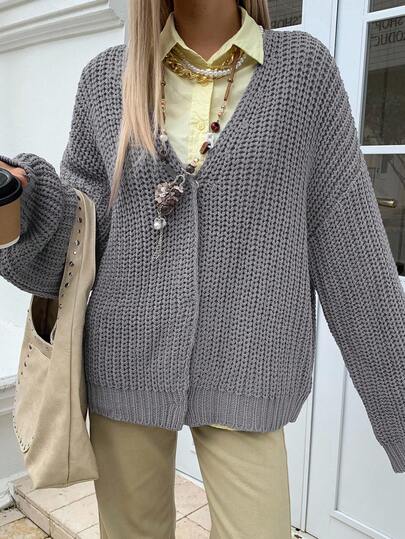 Casual Gray Knit Cardigan Sweater For Women, High-Quality Autumn/Winter Open Front Sweater