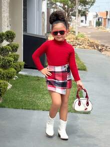Firerie Kids Conjunto de camiseta de cuello redondo ajustada roja y falda mini a cuadros para niñas jóvenes NovaGlow, lindo y elegante, adecuado para fiestas y vacaciones