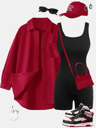 SHEIN Frenchy Y2K 街头服饰 2 件套装：超大衬衫和修身黑色紧身短裤 - 女士运动休闲装，适合机场旅行、夏季休闲（运动服套装）