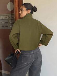 Siren Gaze 女式纯色双排扣长袖休闲大衣，秋冬 - 軍綠色 - 查看 2