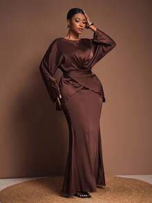 Veslaya Bộ trang phục nữ cỡ lớn Thu/Đông 2026, áo tay dài chéo phía trước thanh lịch và chân váy dài suông, phù hợp cho buổi hòa nhạc nhạc đồng quê, dự đám cưới, hẹn hò, các dịp trang trọng, tiệc tùng, kiểu dáng ôm sát gợi cảm, đi làm. - màu nâu - Xem 4