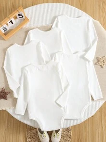 SHEIN 5件装男婴白色重叠肩部高弹圆领宽松开裆罗纹针织保暖连体衣，冬季百搭单品 - 白色 - 查看 2