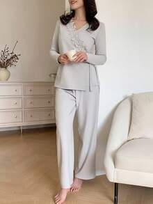 DAZY 女士舒适拉绒针织蕾丝边开衫睡衣套装，秋冬季，舒适保暖的秋季服装 - 灰色 - 查看 4