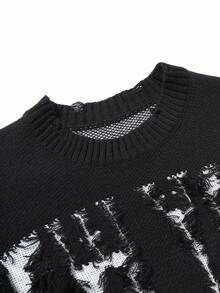 Manfinity EMRG Men's Casual Letter Distressed Crew Neck Long Sleeve Sweater, Autumn/Winter - Black - View 5