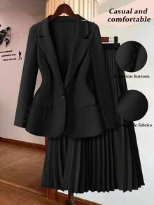 Rometta Plus Size Solid Color Button Front Long Sleeve Top & Pleated Skirt 2 Pieces Set Fall Cloth For Women