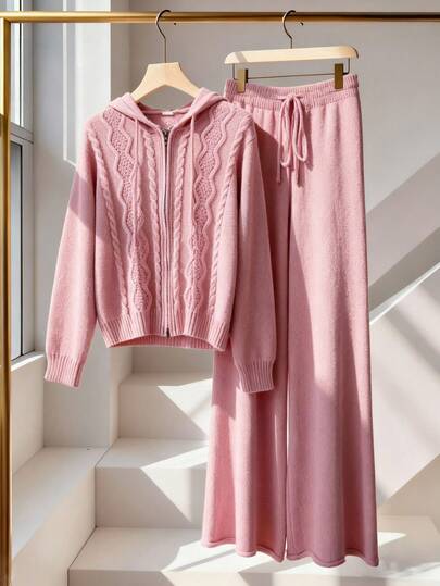 Franclia 大码女式针织套装，时尚休闲连帽粗针织开衫和高腰阔腿直筒裤毛衣套装，秋冬