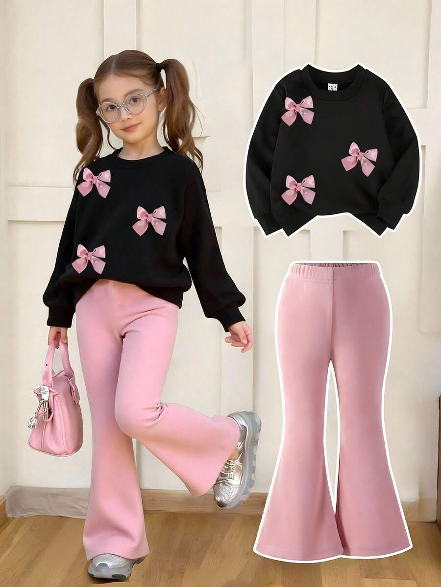 Elladie kids Bộ 2 món/Bộ đồ nỉ thời trang tối giản cho bé gái gồm áo đen nơ hồng và quần hồng - màu đen - Xem 1