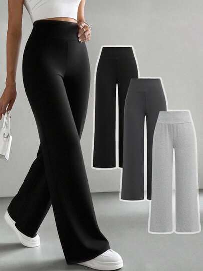 SHEIN 3 st/set tonårsflickor hög midja stickade smala/vida benbyxor, svarta/mörkgrå/ljusgrå, all-match mångsidiga bekväma casualbyxor för höst/vinter byxor utsvängda ben utsvängda byxor tonårsflickor flickor sport stickade utsvängda byxor utsvängda leggings vida ben mjukisbyxor flickor