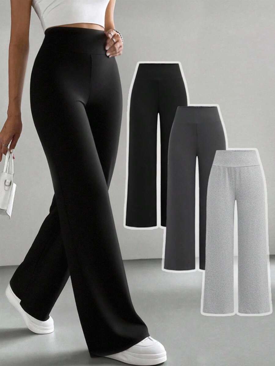 SHEIN 3件套少女高腰针织紧身/阔腿裤，黑色/深灰色/浅灰色，百搭舒适休闲裤，适合秋冬季节穿着，喇叭裤型，少女运动针织喇叭裤，喇叭打底裤，阔腿运动裤 - 彩色 - 查看 1