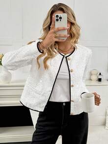 Serisse Áo khoác ngoài nữ mùa thu/đông viền kim loại, cài cúc đơn, đính sequin, màu trắng, áo khoác đính sequin, thích hợp cho Giáng sinh, Năm mới, Tiệc tùng. - Màu be - Xem 1