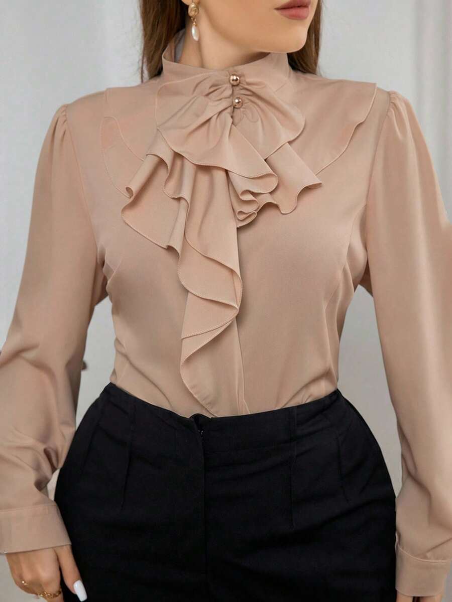Firerie Plus Size Women's Stand Collar Long Sleeve Ruffle Hem Elegant Commuter Asymmetrical Blouse Elegant Blouses Ruffle Blouse Formal Blouse Modest Blouse Gold Button Blouse Long Sleeve Blouse Blouse With Ruffles Spring